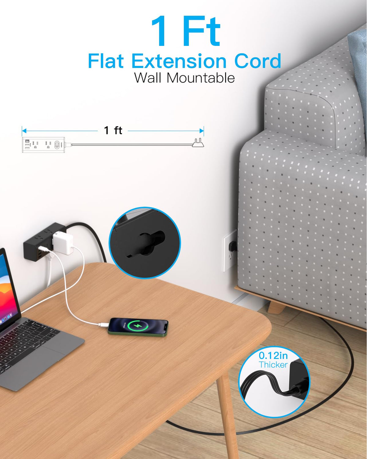 One Beat 5Ft Extension Cord with Multiple Outlets,Flat Plug Power Strip
