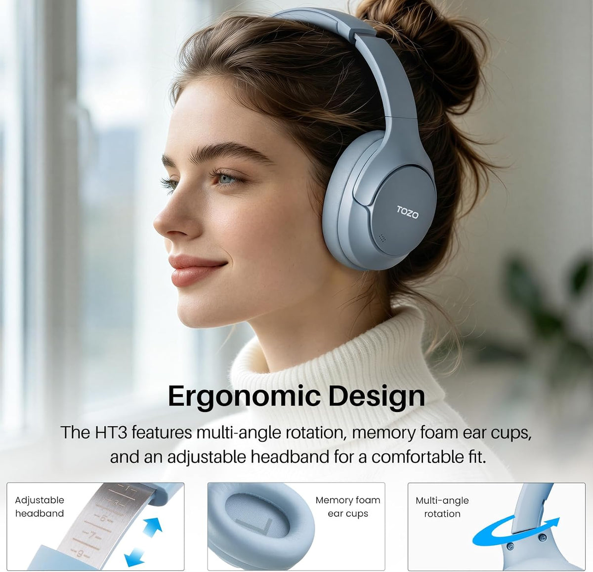 TOZO HT3 Hybrid Noise Cancelling Wireless Headphones, 90H Over Ear Headset