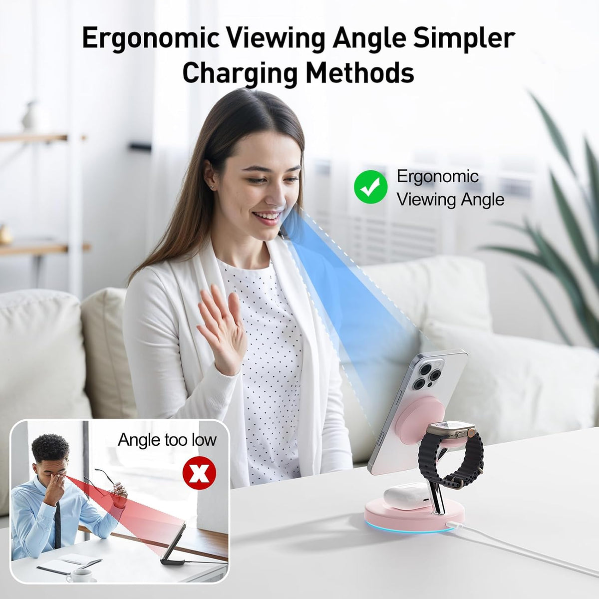 【Adjustable Blue Ambient Light】 Wireless Charger 3 in 1 for iPhone, Magnetic Charging Station for Apple Family,15W Fast MagSafe Charger Stand,for iPhone17-12-iWatch AirPods Series