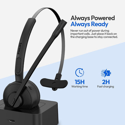 PHILIPS Wireless Headset with Mic for Work, Mono Bluetooth Trucker Headset with AI Noise Cancelling Microphone & Mute Button, All Day Extended Talk Time, Headphones for Office Call Center Computer PC
