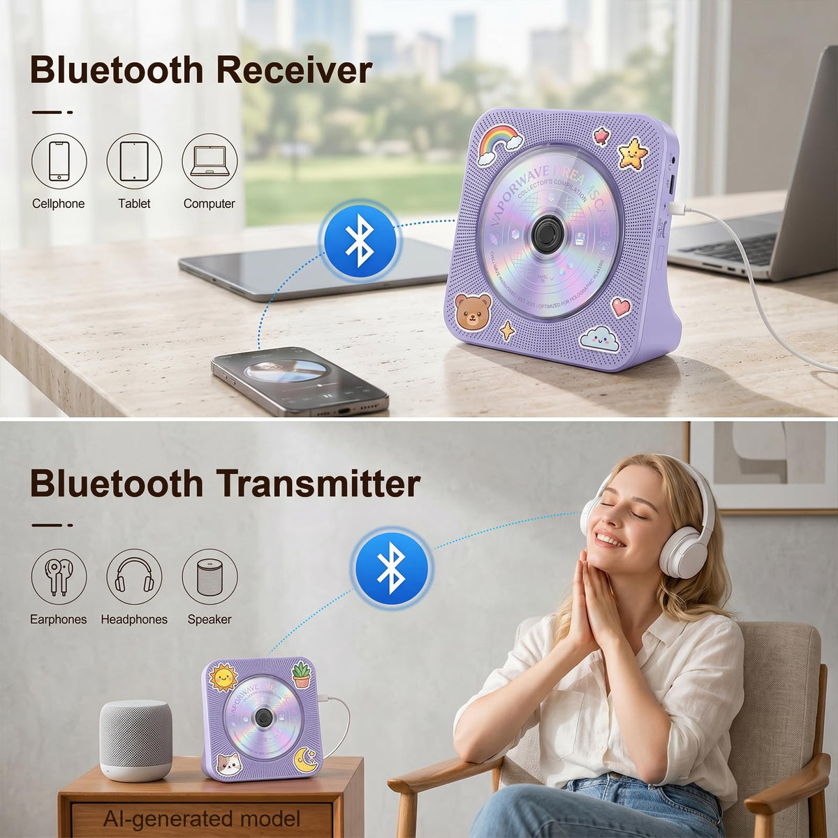 Gueray CD Player Portable Bluetooth Desktop CD Player for Home (Black)