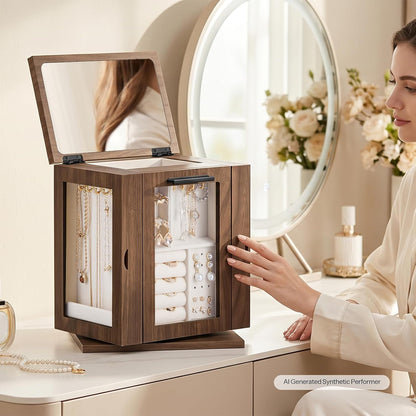 HOOBRO 360° Rotating Jewelry Box with Mirror, Wooden Jewelry Organizer Box