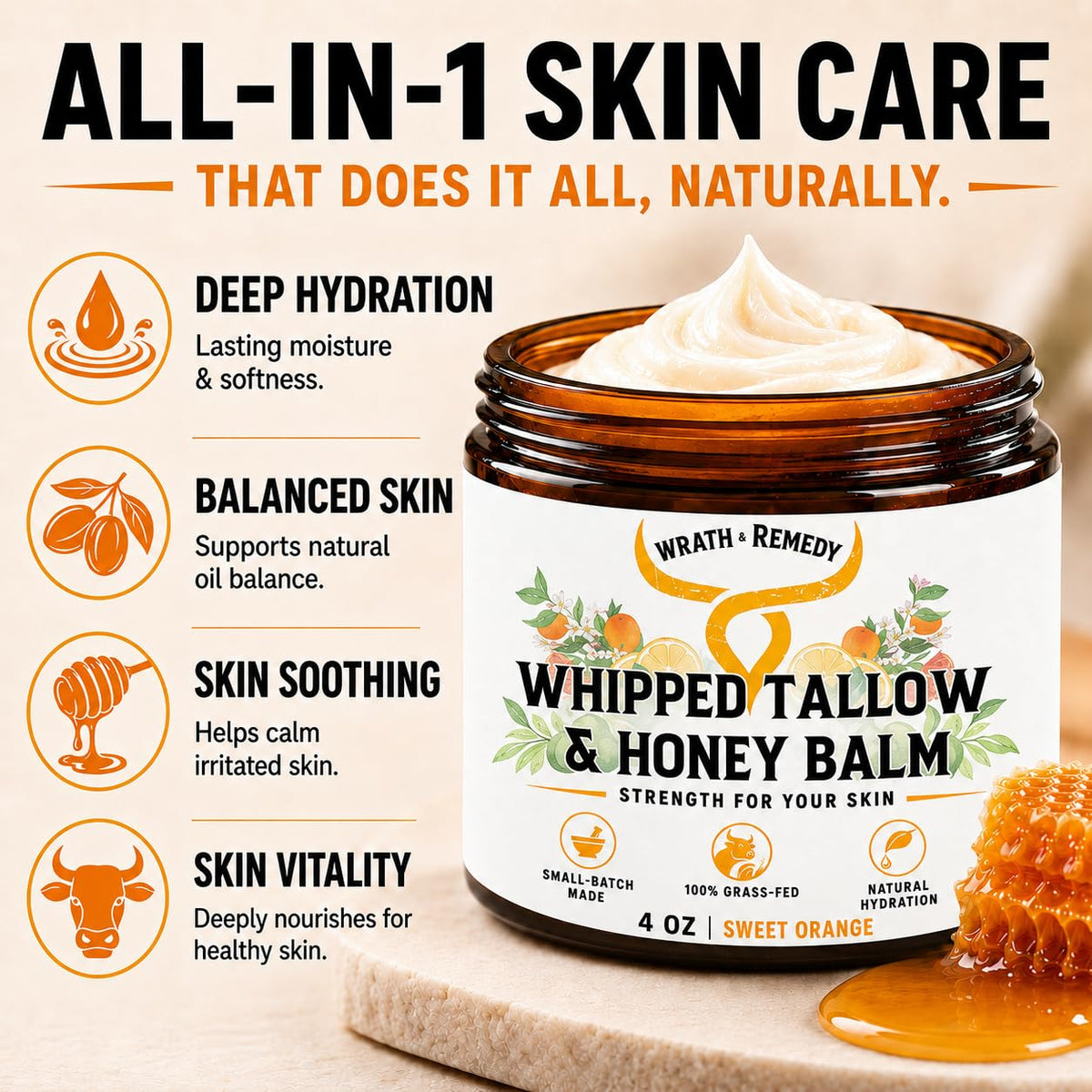 Wrath & Remedy Beef Tallow and Honey Balm, Handcrafted, Unscented, 4 oz
