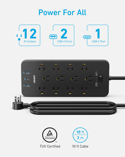 Anker Power Strip with 2100J Surge Protector, Outlet Extender, 20W, 12 AC