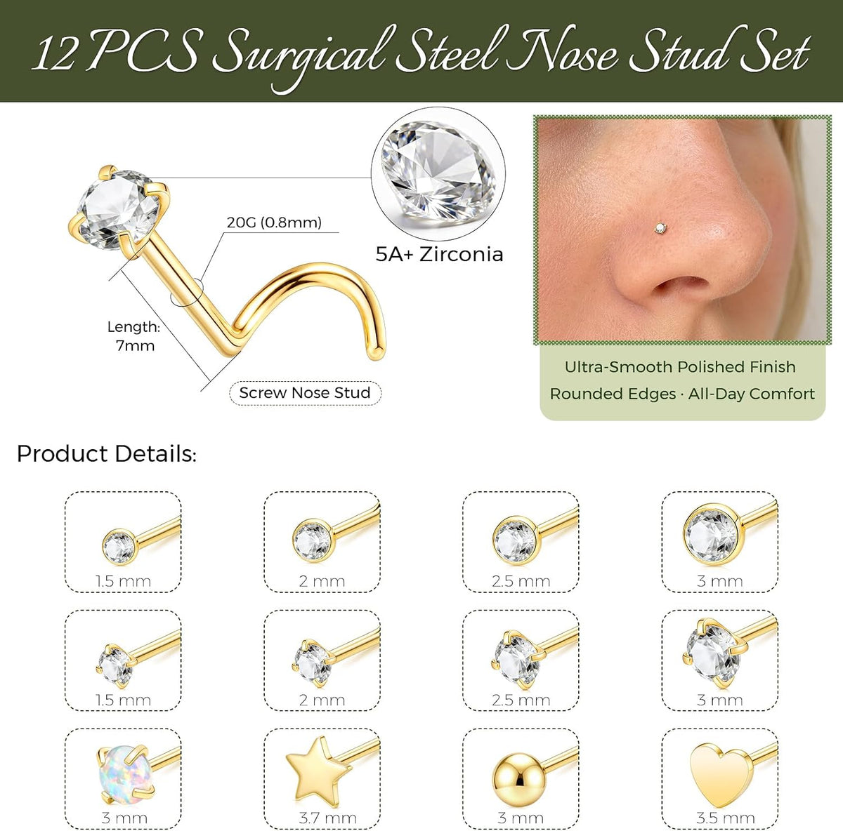 12 Pcs 20G Silver Nose Rings Studs Corkscrew Piercing Jewelry for Women Men