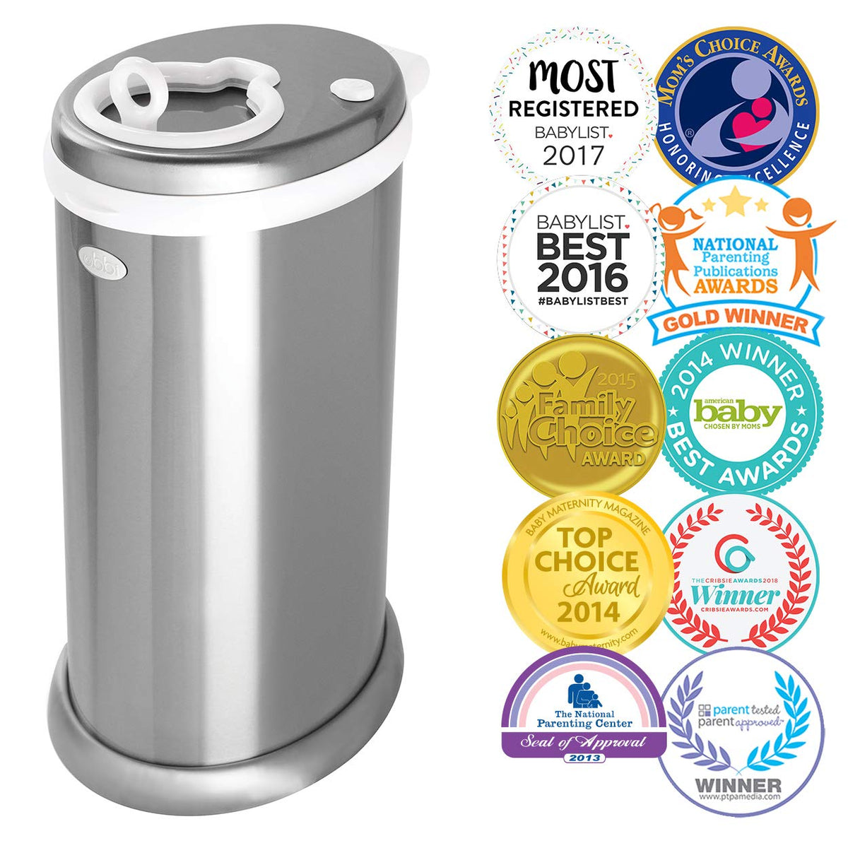 Ubbi Stainless Steel Diaper Pail, No Special Bags, Odor-Locking, White
