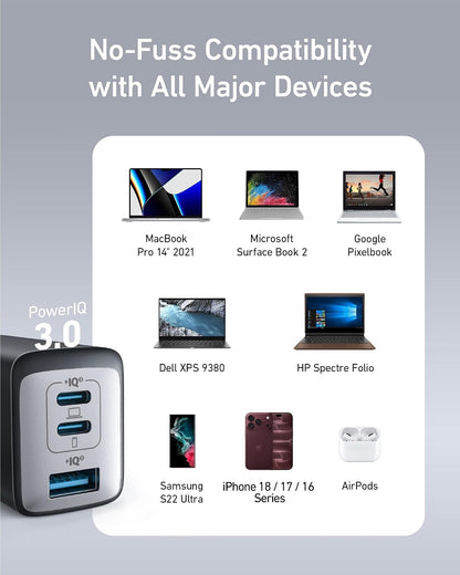 Anker 65W Max 3-Port USB C Charger Block, Compact Foldable Phone Charger