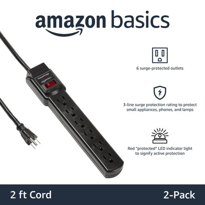 Amazon Basics Surge Protector Power Strip, 6-Outlet with 200J Protection, Circuit Breaker, LED Indicator, On/Off Switch, Wall-Mounting, 2ft Extension Cord, White, 2-Pack