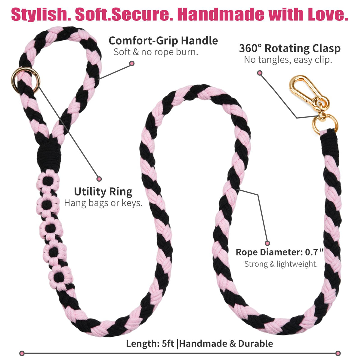 5FT Braided Cotton Rope Leash for Small, Medium and Large Dogs, Red & White Twist
