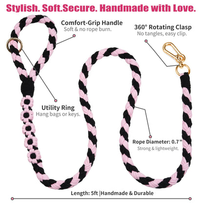 5FT Braided Cotton Rope Leash for Small, Medium and Large Dogs, Red & White Twist