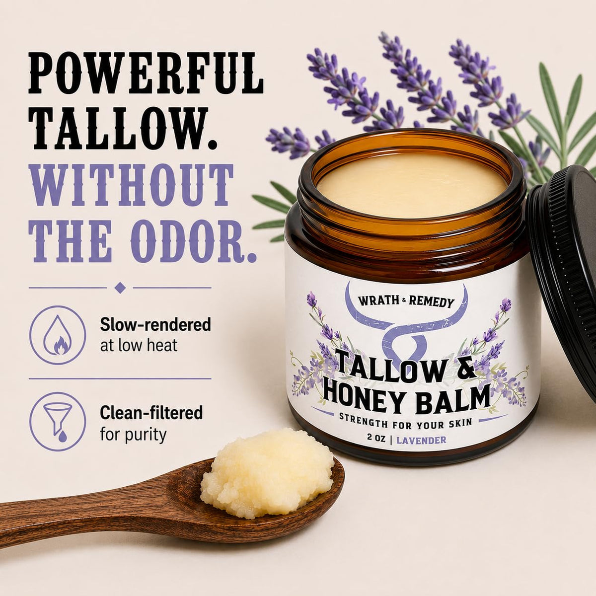 Wrath & Remedy Beef Tallow and Honey Balm, Handcrafted, Unscented, 4 oz