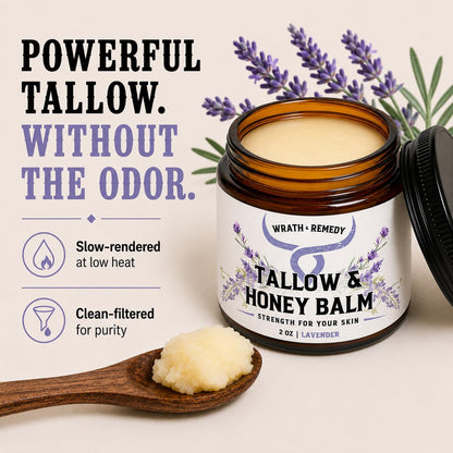 Wrath & Remedy Beef Tallow and Honey Balm, Handcrafted, Unscented, 4 oz