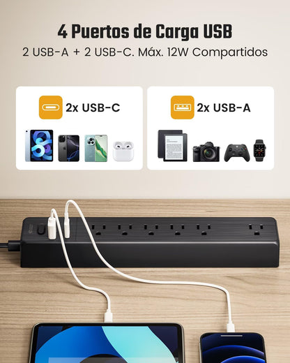 SUPERDANNY 6Ft Thin Extension Cord, Flat Plug Surge Protector Power Strip