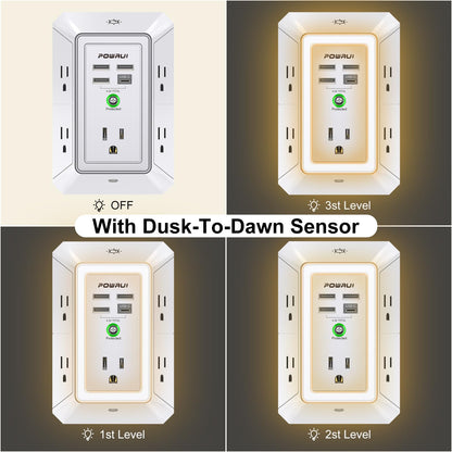 Multi Plug Wall Outlet Night Light, POWRUI 6 Outlet Extender & 3 USB Ports