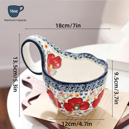 ALMA Handpainted Soup Bowl with Large Loop Handle,Easier Secure Grip