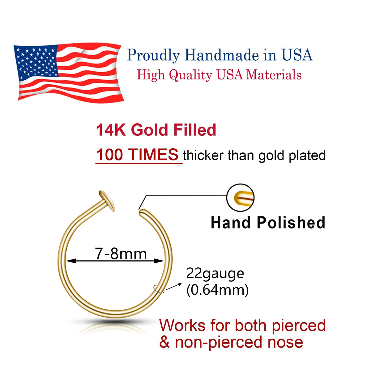 Small Thin Gold Nose Ring Hoop for Women, 20G/22G/24G, 5mm/6mm/7mm/8mm