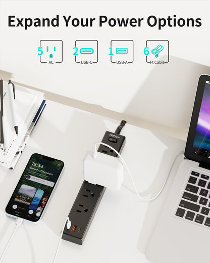 5 Outlets 2 Prong Power Strip with 3USB, 6FT Extension Cord for Old House
