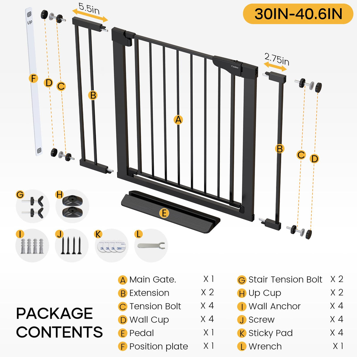 Cumbor 29.7-51.5 in Extra Wide Baby Gate for Stairs, Dog Gate Indoor Black