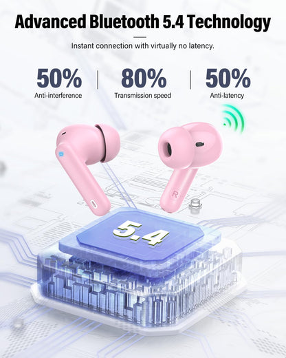 Wireless Earbuds, Bluetooth 5.4 Headphones Bass Stereo/Clear Call,Rose Gold