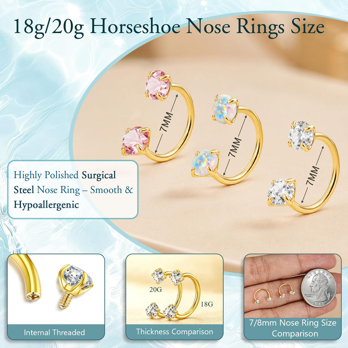 Horseshoe Nose Ring 20g 18g Gold Silver Opal CZ Double Gem Nose Rings Studs for Women Men 7mm 8mm Hypoallergenic Hoop Earrings Cartilage Helix Tragus Nostril Septum Daith Piercing Jewelry
