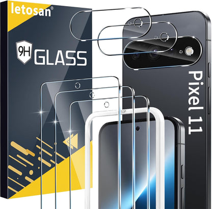 letosan 3 Pack for Google Pixel 11 Pro Screen Protector Tempered Glass + 3 Pack Camera Lens Protector, Military Grade Shatterproof, 9H Hardness, Fingerprint Unlock,Case Friendly 6.3 Inch