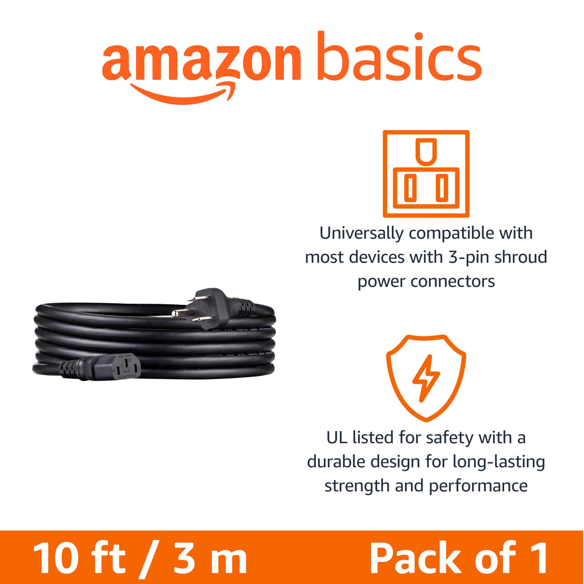 Amazon Basics Replacement Power Cord for Computer, Monitor, TV, Printer, PC, 3 Prong, 18 AWG, 125 Volts, 10 Feet, Black