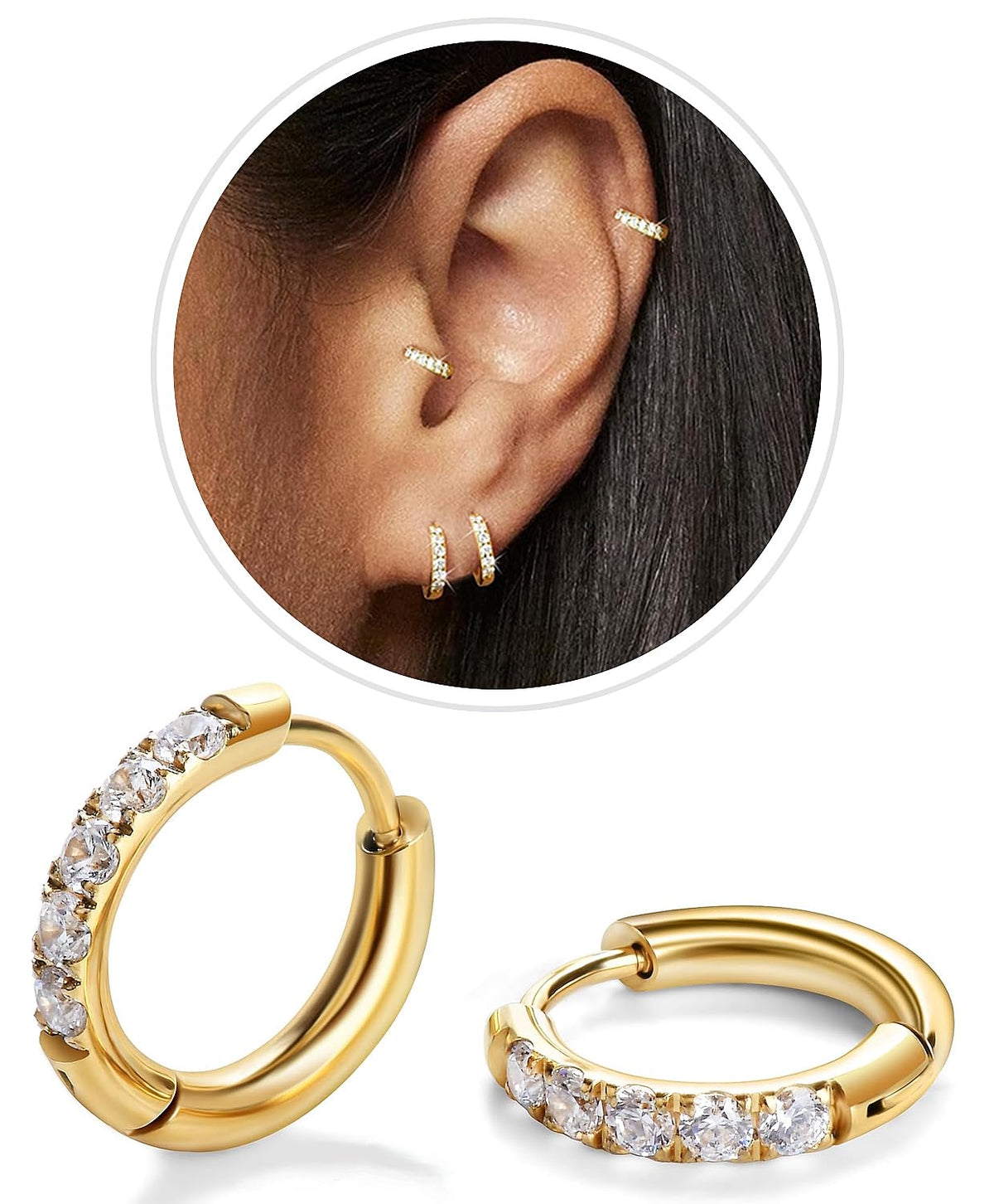 CZ Huggie Hoop Earrings, Stainless Steel Small Hoop Earrings