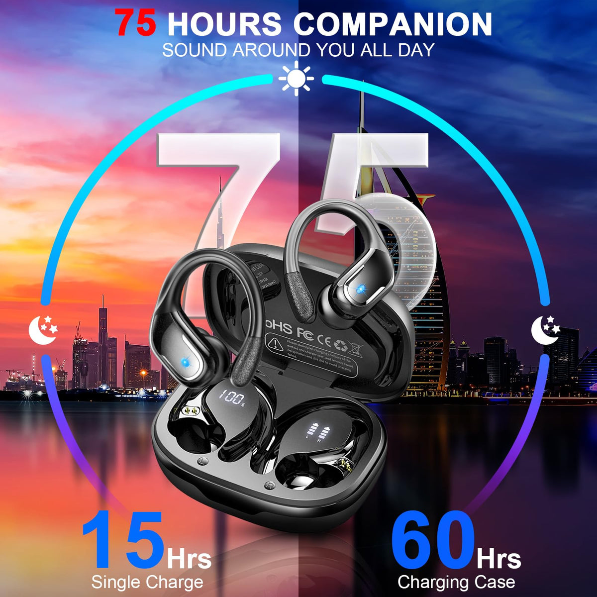 Wireless Earbuds Sports, 75Hrs Bluetooth 5.4 Headphones, Bass Hi-Fi Stereo