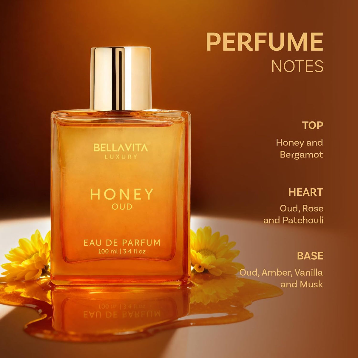 Bellavita Luxury Honey Oud Eau de Parfum Unisex, 3.4 fl oz (100 ml)