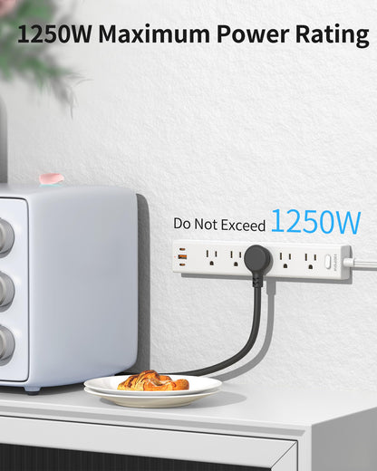 5 Outlets 2 Prong Power Strip with 3USB, 6FT Extension Cord for Old House