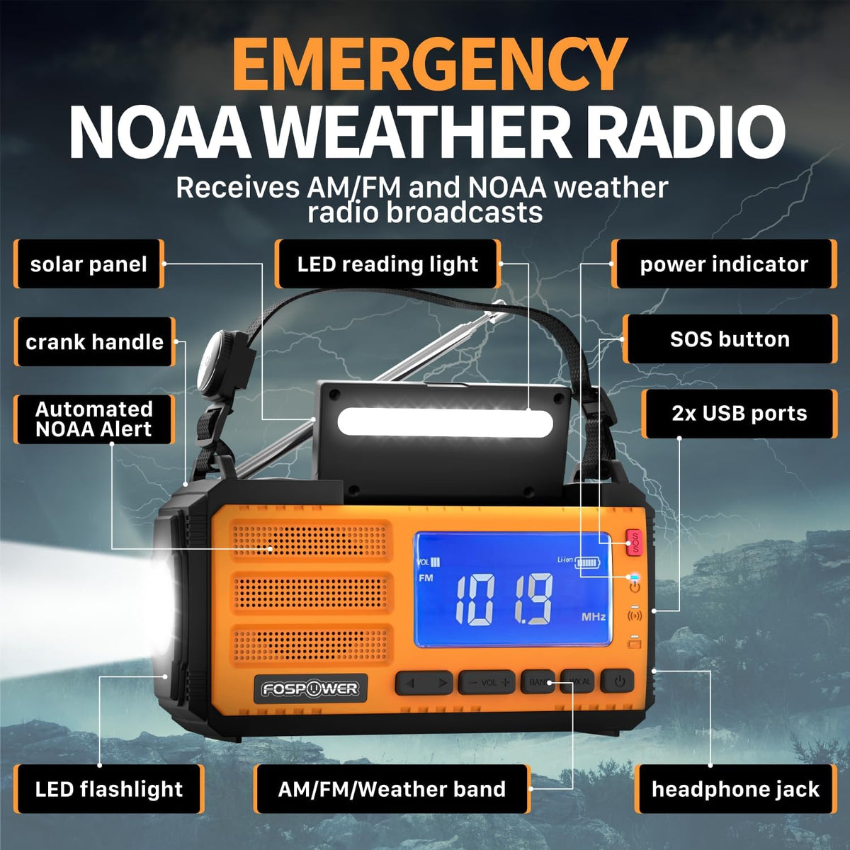 FosPower NOAA Emergency Weather Radio D8 37000mWh Portable Power Bank, AM/FM, USB/Solar/Hand Crank Charging, SOS Alarm & Flashlight for Indoor/Outdoor Emergency - Orange