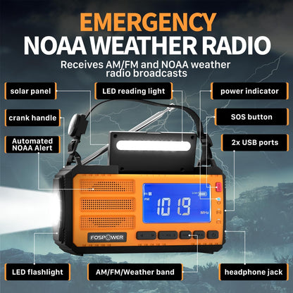 FosPower NOAA Emergency Weather Radio D8 37000mWh Portable Power Bank, AM/FM, USB/Solar/Hand Crank Charging, SOS Alarm & Flashlight for Indoor/Outdoor Emergency - Orange