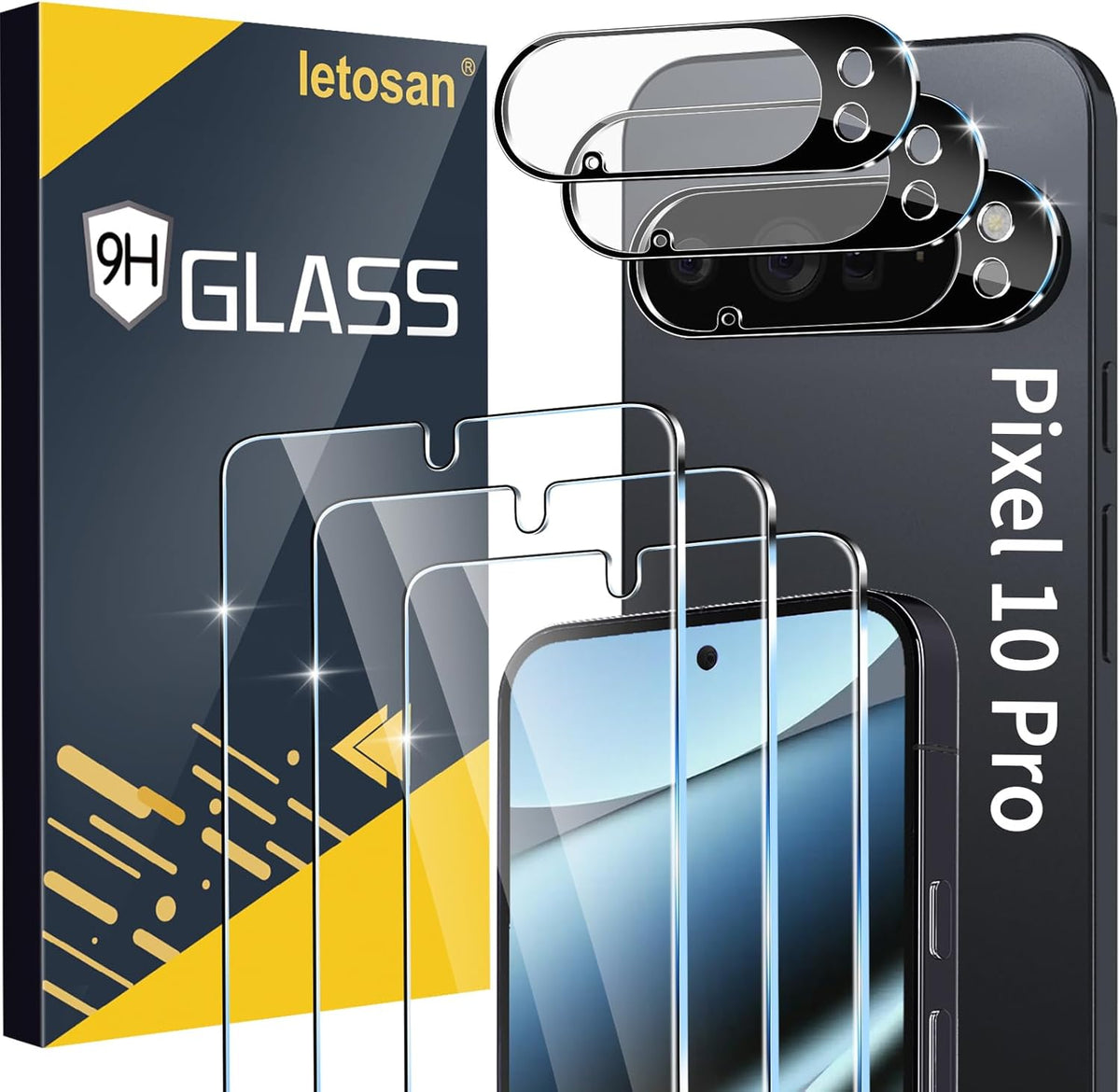 letosan 3 Pack for Google Pixel 11 Pro Screen Protector Tempered Glass + 3 Pack Camera Lens Protector, Military Grade Shatterproof, 9H Hardness, Fingerprint Unlock,Case Friendly 6.3 Inch