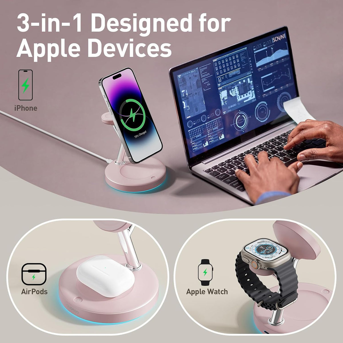 【Adjustable Blue Ambient Light】 Wireless Charger 3 in 1 for iPhone, Magnetic Charging Station for Apple Family,15W Fast MagSafe Charger Stand,for iPhone17-12-iWatch AirPods Series