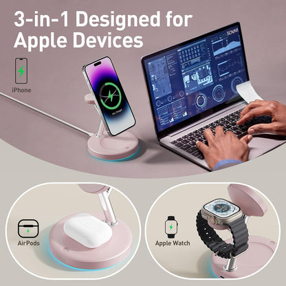 【Adjustable Blue Ambient Light】 Wireless Charger 3 in 1 for iPhone, Magnetic Charging Station for Apple Family,15W Fast MagSafe Charger Stand,for iPhone17-12-iWatch AirPods Series