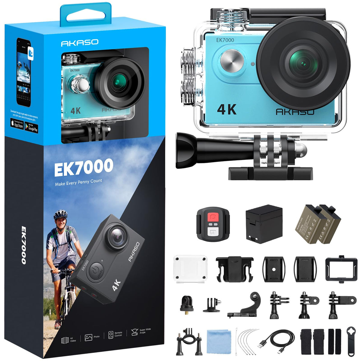 AKASO EK7000 4K30FPS 20MP WiFi Action Camera with EIS Ultra HD 131FT Waterproof Underwater Camera Remote Control 4X Zoom Support External Microphone