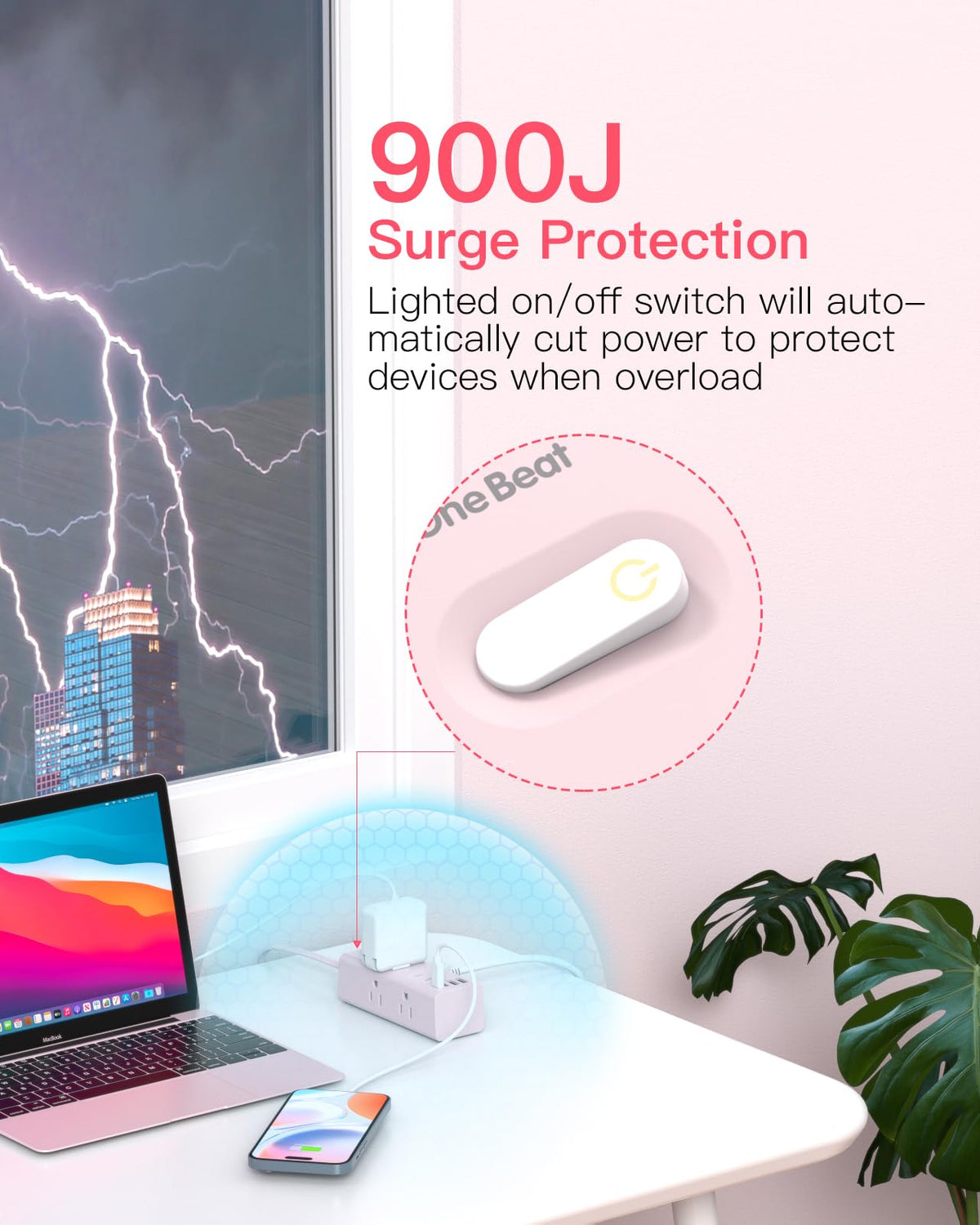 One Beat 5Ft Extension Cord with Multiple Outlets,Flat Plug Power Strip