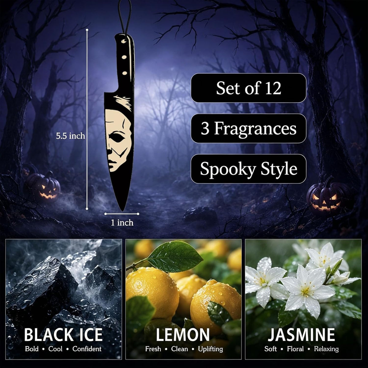 Horror Car Air Fresheners 12-Pack, Scary Movie Hanging Decorations for Rearview Mirror, Novelty Knife & Chainsaw Design Freshies, Halloween Car Accessories Gift Set (12knife)