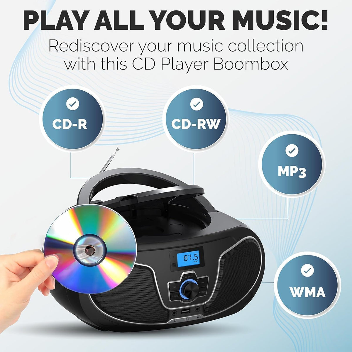 Philips CD Player Boombox, Dynamic Bass Boost with Bluetooth, FM Radio, USB Playback & AUX Input, Portable Top-Loading Boombox, Clear Stereo, RW/MP3 Compatible (Black)