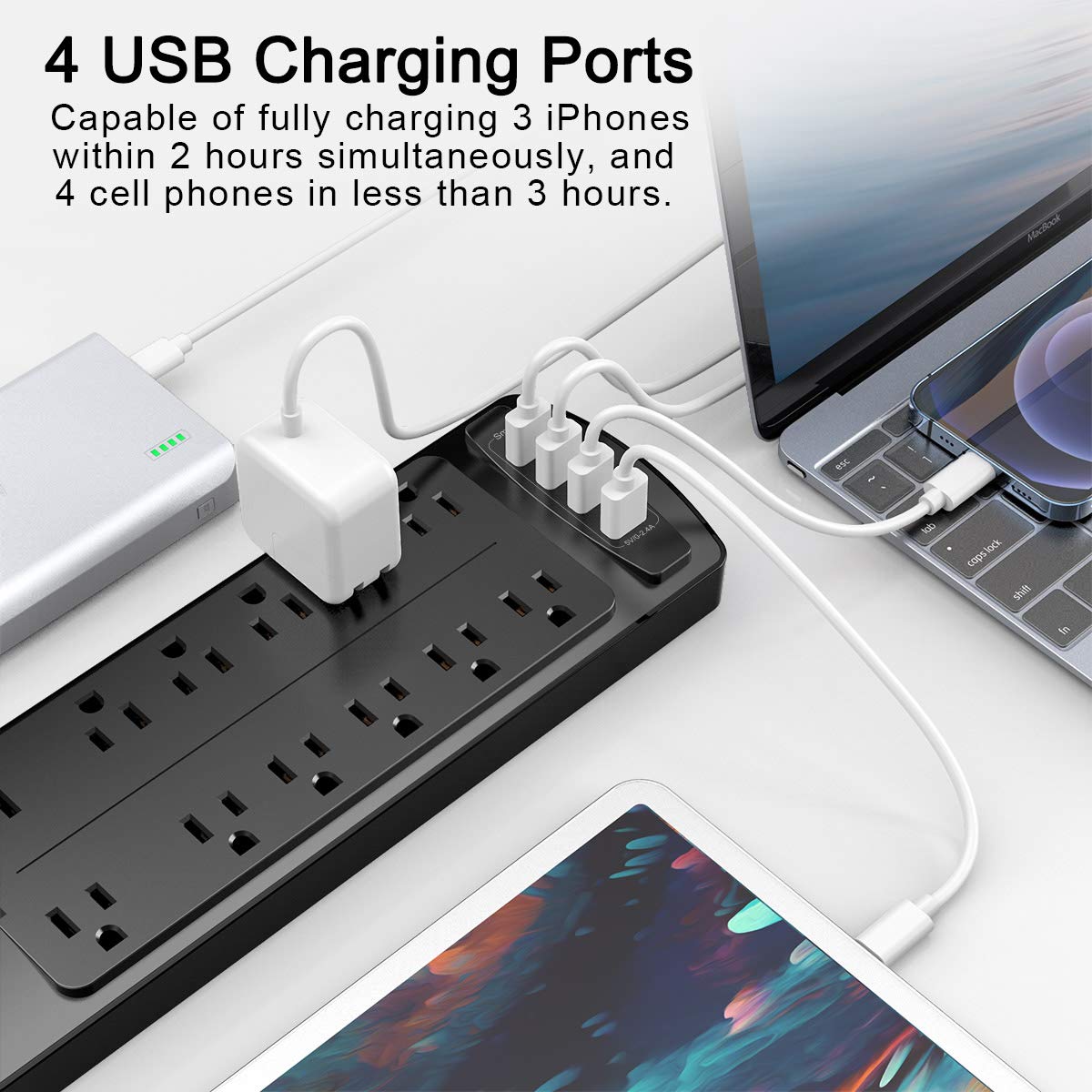 ALESTOR 10 Ft Surge Protector Power Strip with 12 Outlets and 4 USB Ports