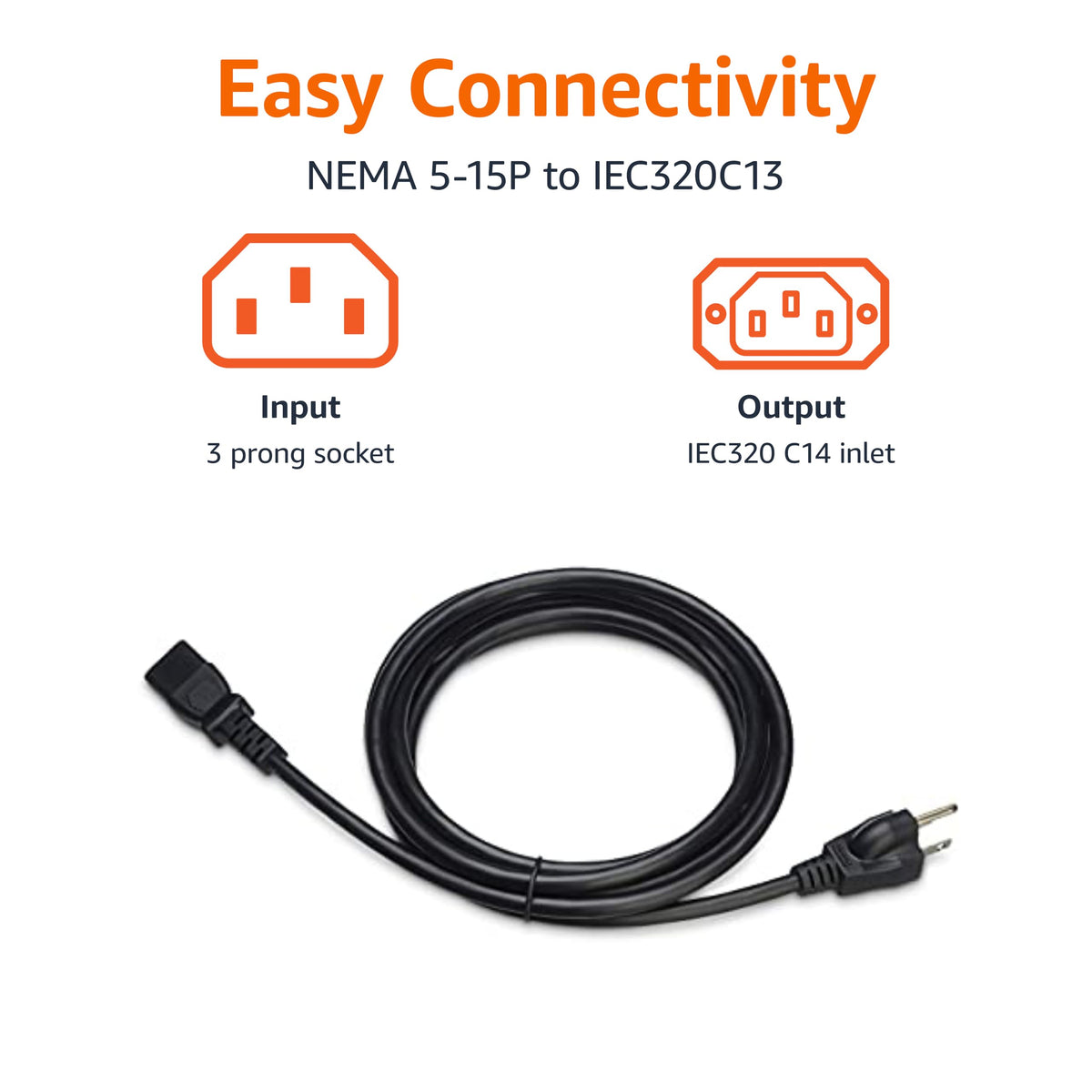 Amazon Basics Replacement Power Cord for Computer, Monitor, TV, Printer, PC, 3 Prong, 18 AWG, 125 Volts, 10 Feet, Black
