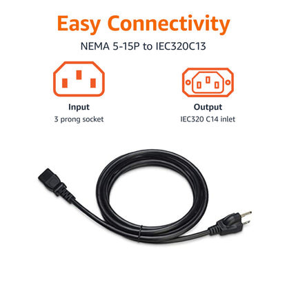 Amazon Basics Replacement Power Cord for Computer, Monitor, TV, Printer, PC, 3 Prong, 18 AWG, 125 Volts, 10 Feet, Black