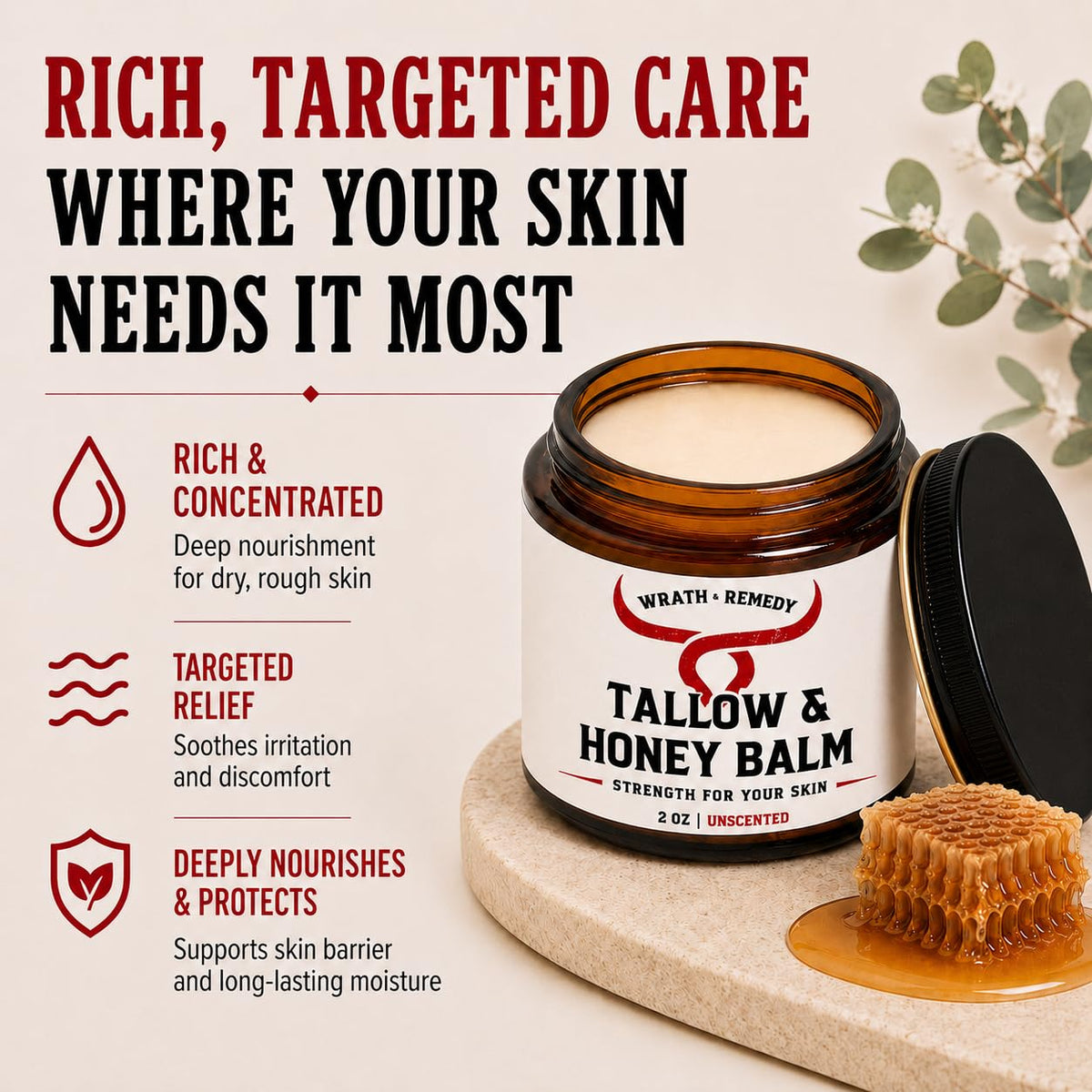 Wrath & Remedy Beef Tallow and Honey Balm, Handcrafted, Unscented, 4 oz