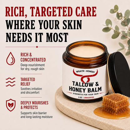 Wrath & Remedy Beef Tallow and Honey Balm, Handcrafted, Unscented, 4 oz