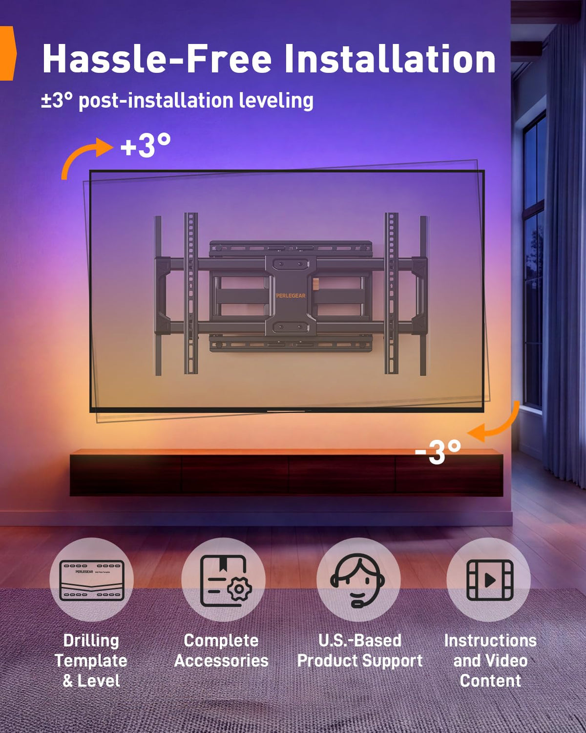 Perlegear Full Motion TV Wall Mount with Power Strip for 60–120 Inch TVs