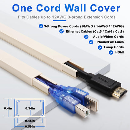 ZhiYo 85" Cord Cover for 1 Wire, Mini White Cord Hider Wall, 0.5"W x 0.3"H