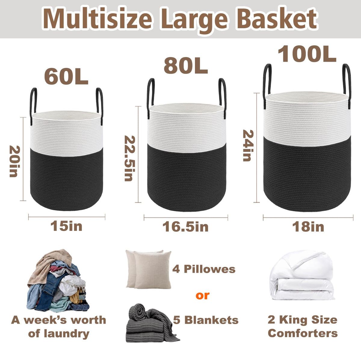 JMvicyroam 80L Nursery Hamper, Cotton Rope Laundry Basket, Brown&Black