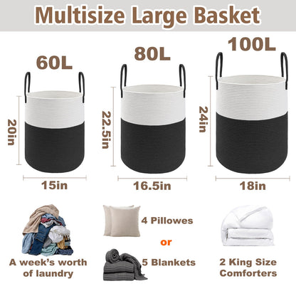 JMvicyroam 80L Nursery Hamper, Cotton Rope Laundry Basket, Brown&Black