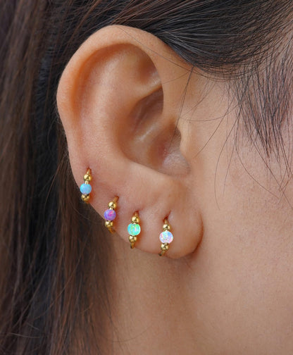 2PCS 18G Opal Cartilage Hoop Earrings, Hypoallergenic Silver Huggie Hoops