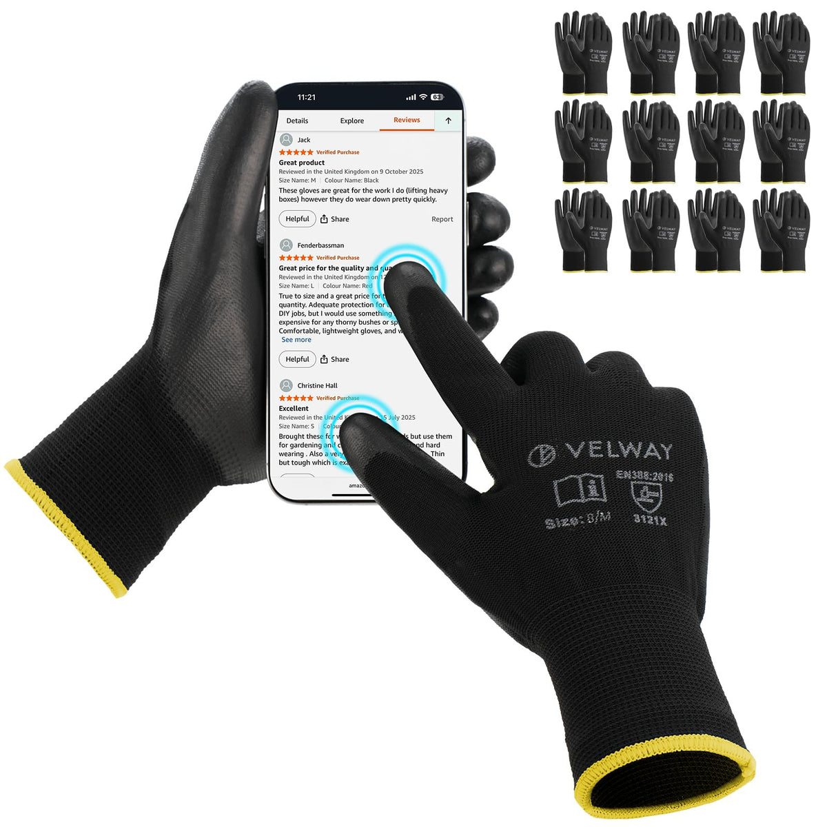 Velway 12 Pairs Work Gloves PU Coated for Men Women, Red, Size 9/L